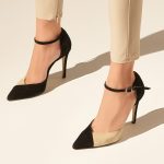 Heeled leather pumps in black & beige suede