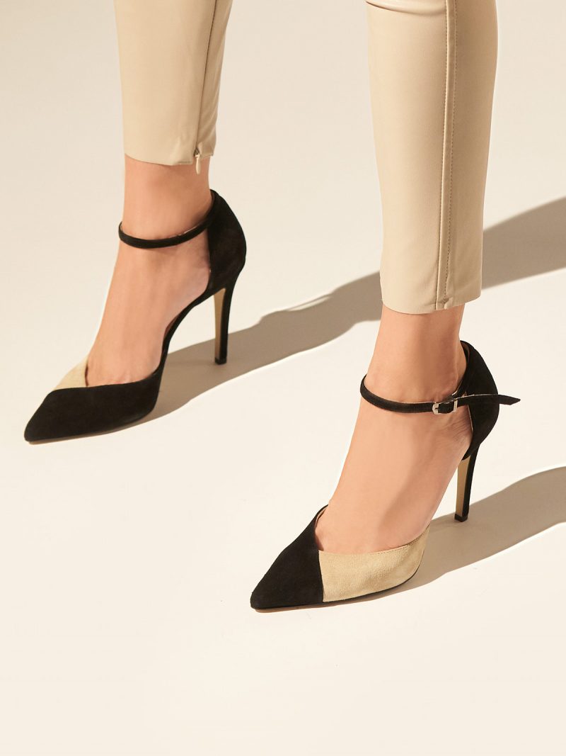 Heeled leather pumps in black & beige suede