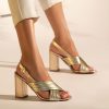 Block heel leather sandals in gold