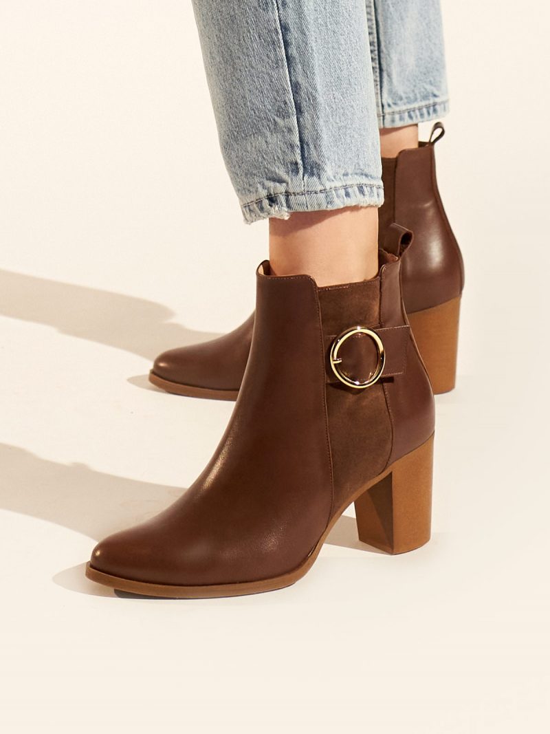 Chunky heel leather ankle boots in brown