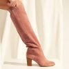 Block heel leather boots in dusty pink suede