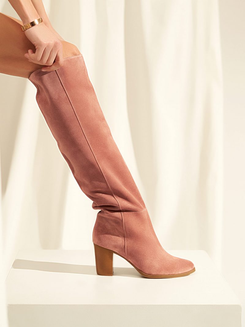 Block heel leather boots in dusty pink suede
