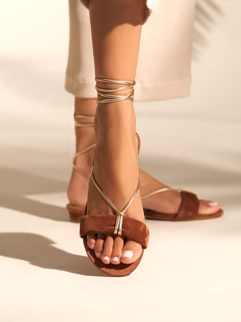 Flat suede leather sandals in terracotta