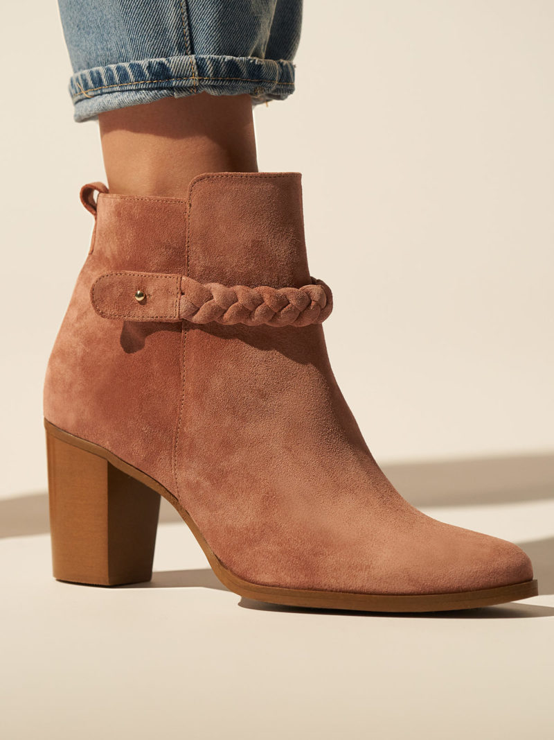 Block heel suede leather booties in dusty pink