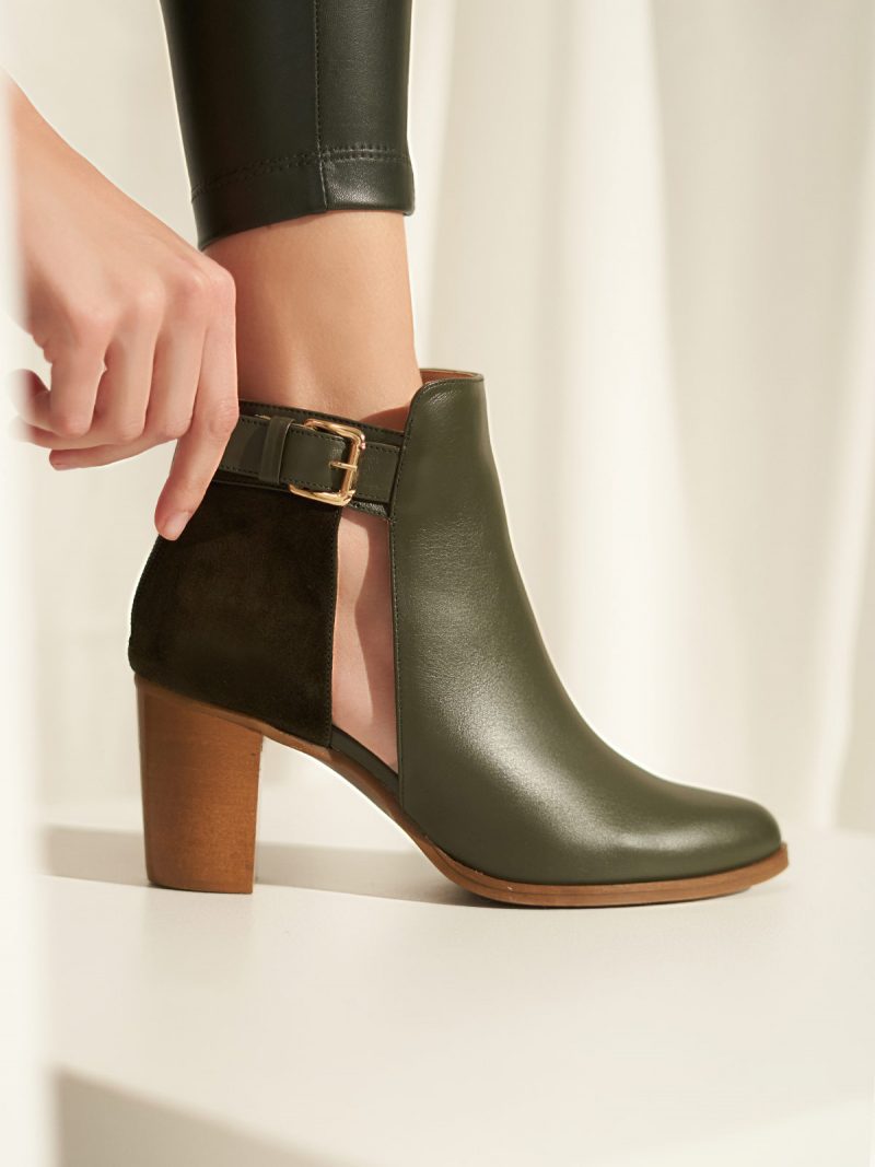 Chunky heel leather ankle boots in olive