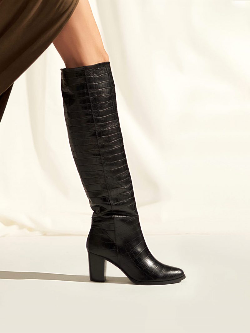 Block heel leather boots in black croco