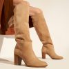 Block heel leather boots in beige