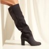 Block heel leather boots in dark grey suede